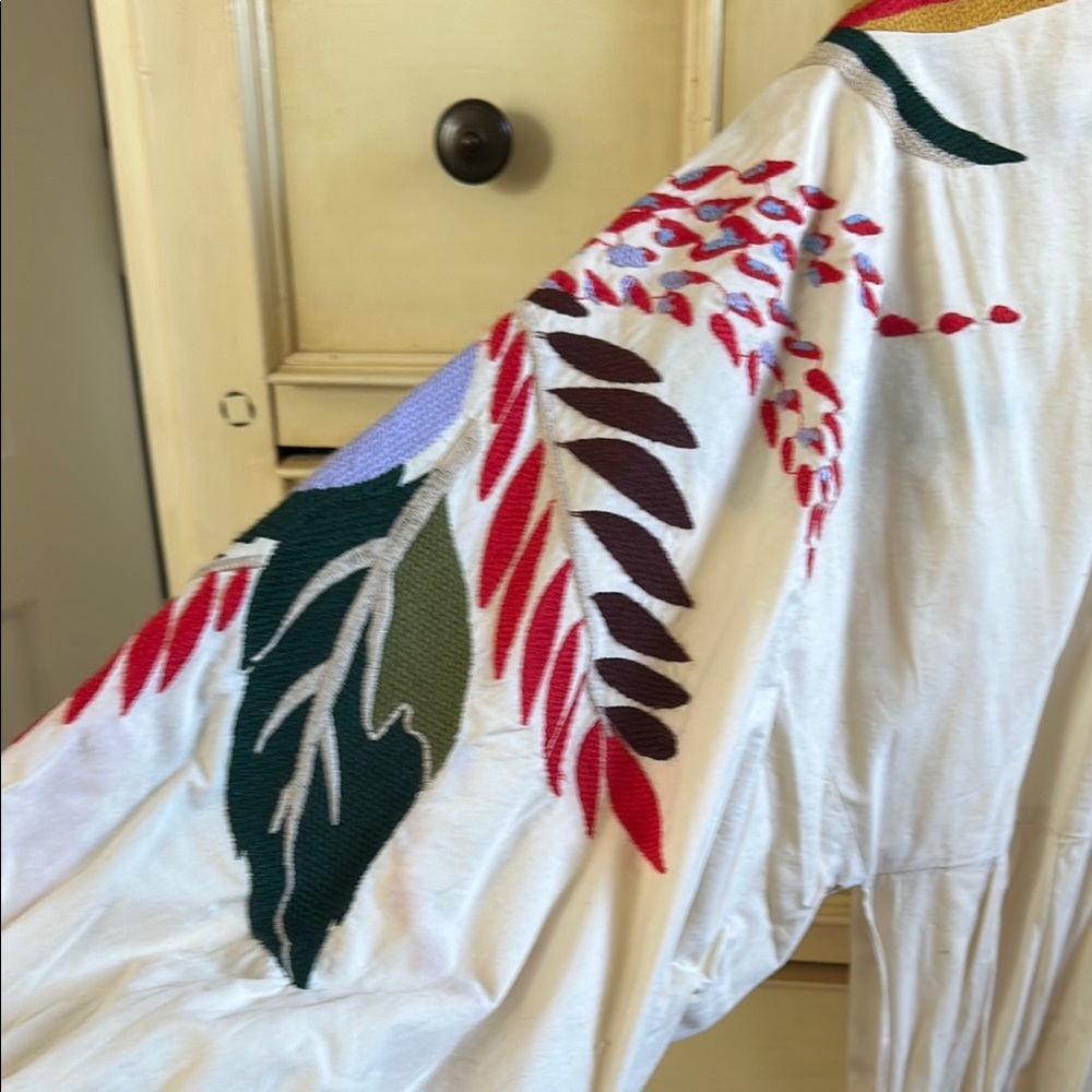 Free People, Embroidered White Blouse dress with Colorful Floral Design